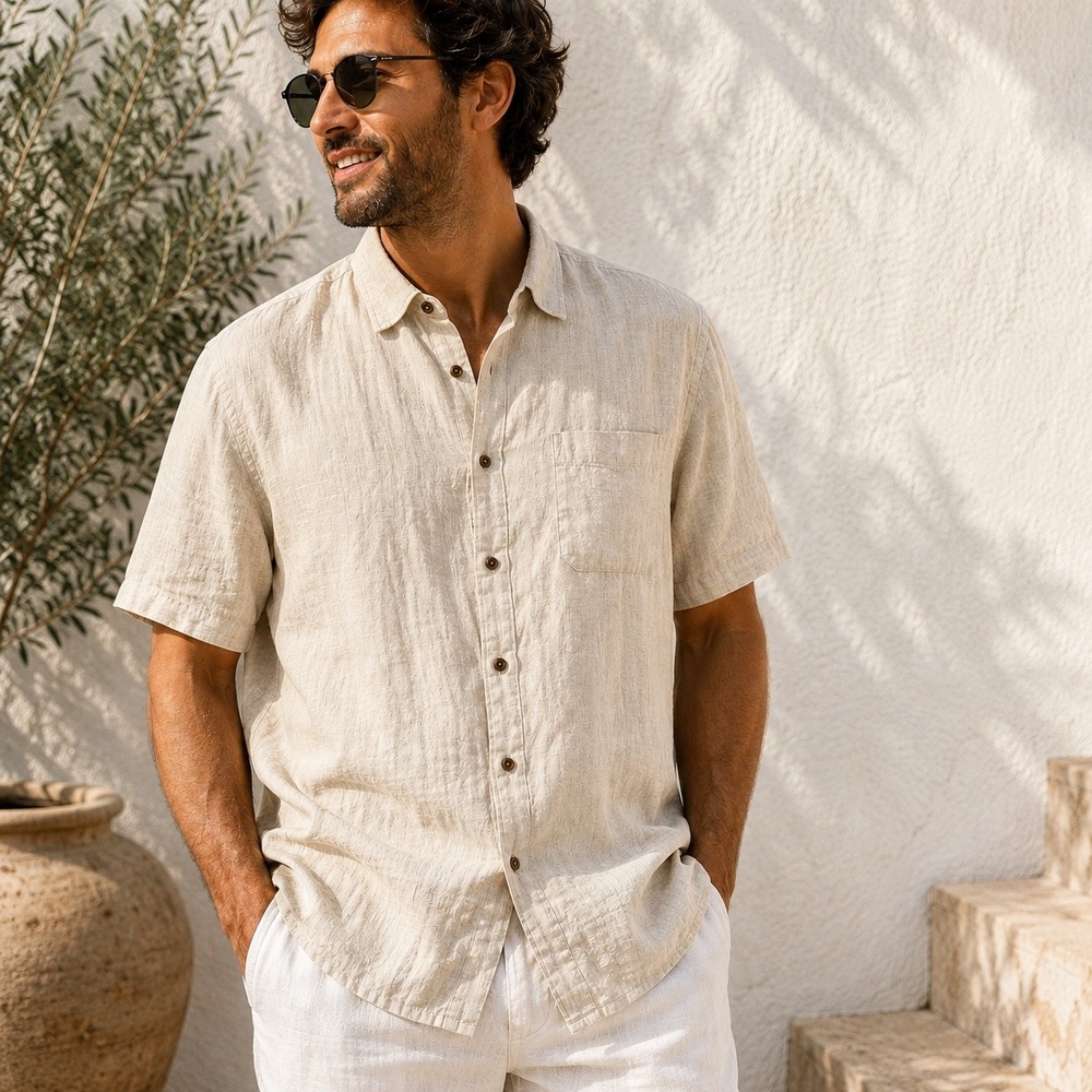 Tasse Elba Mens XL Beige 100% Linen Short Sleeve Button Down Shirt Oatmeal